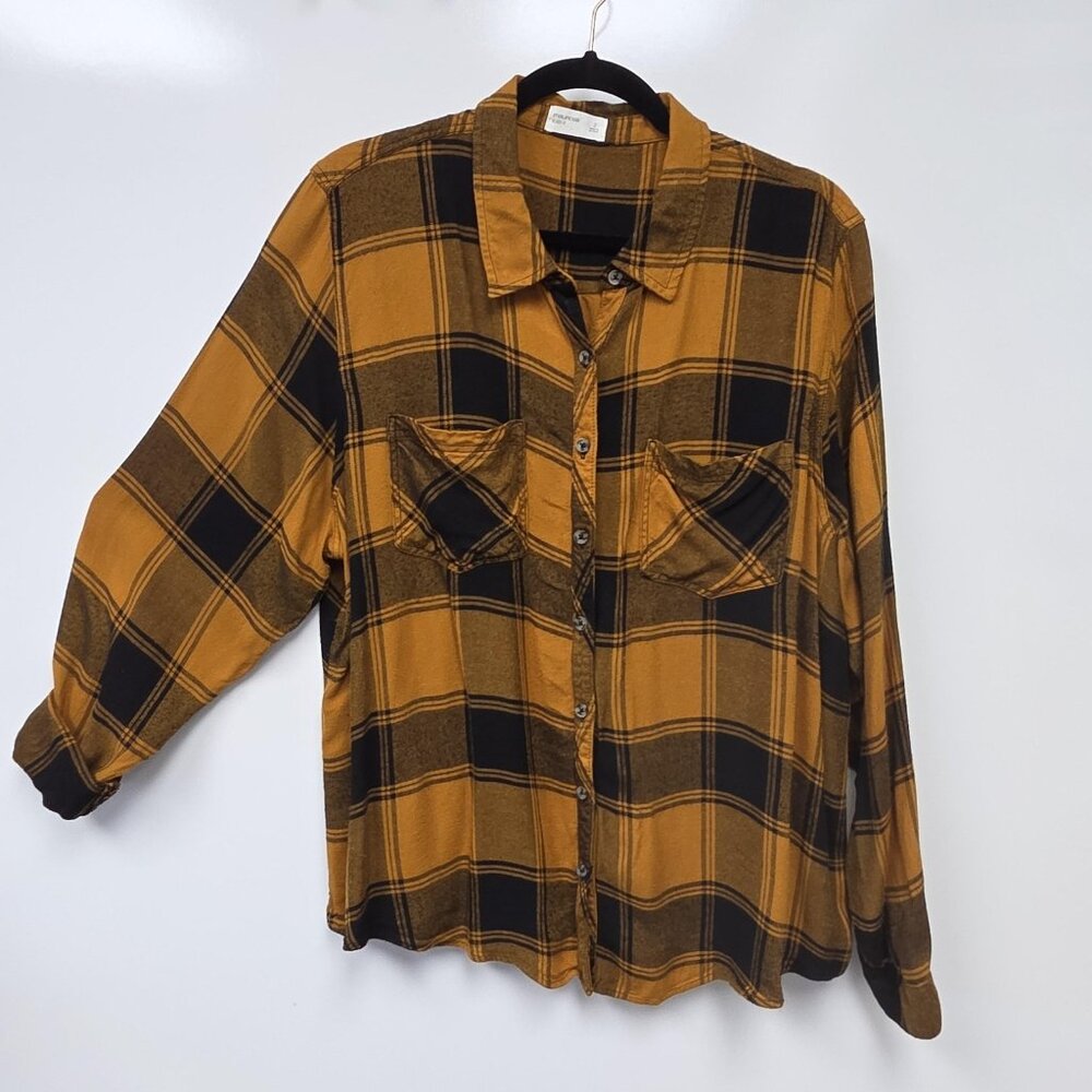 Maurices Shirt Womens 2 Yellow Black Plaid Button Front Long Sleeve Relaxed Top